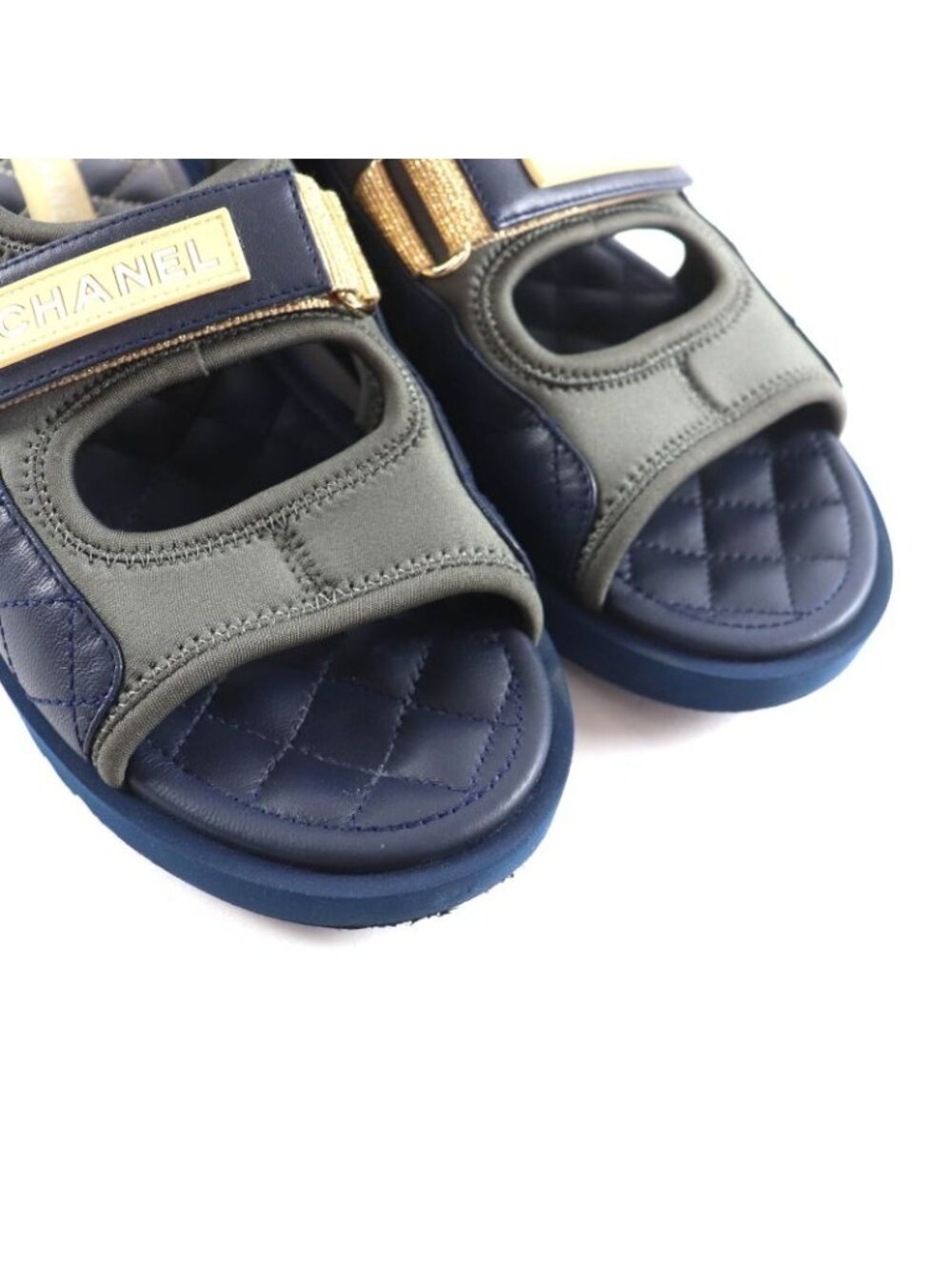 Chanel CC Logo Quilted Velcro Fabric Leather Sandals Khaki Navy 39 - Picture 8 of 16